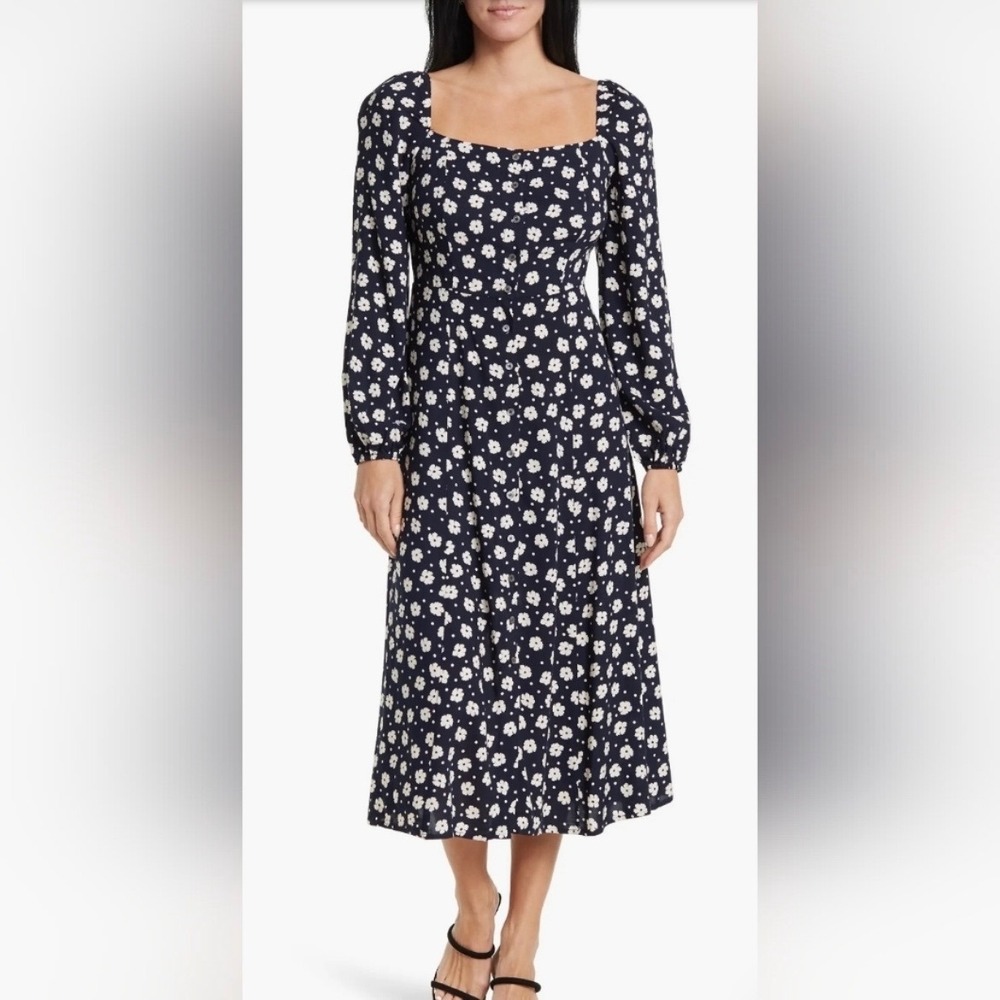 Frnch Agniela Floral‎ Long Sleeve
Button Midi Dress Navy Blue Square Neck Small